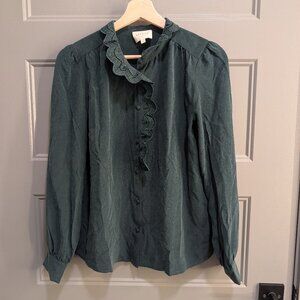 Sézane CHLO Silk Blouse in Bottle Green